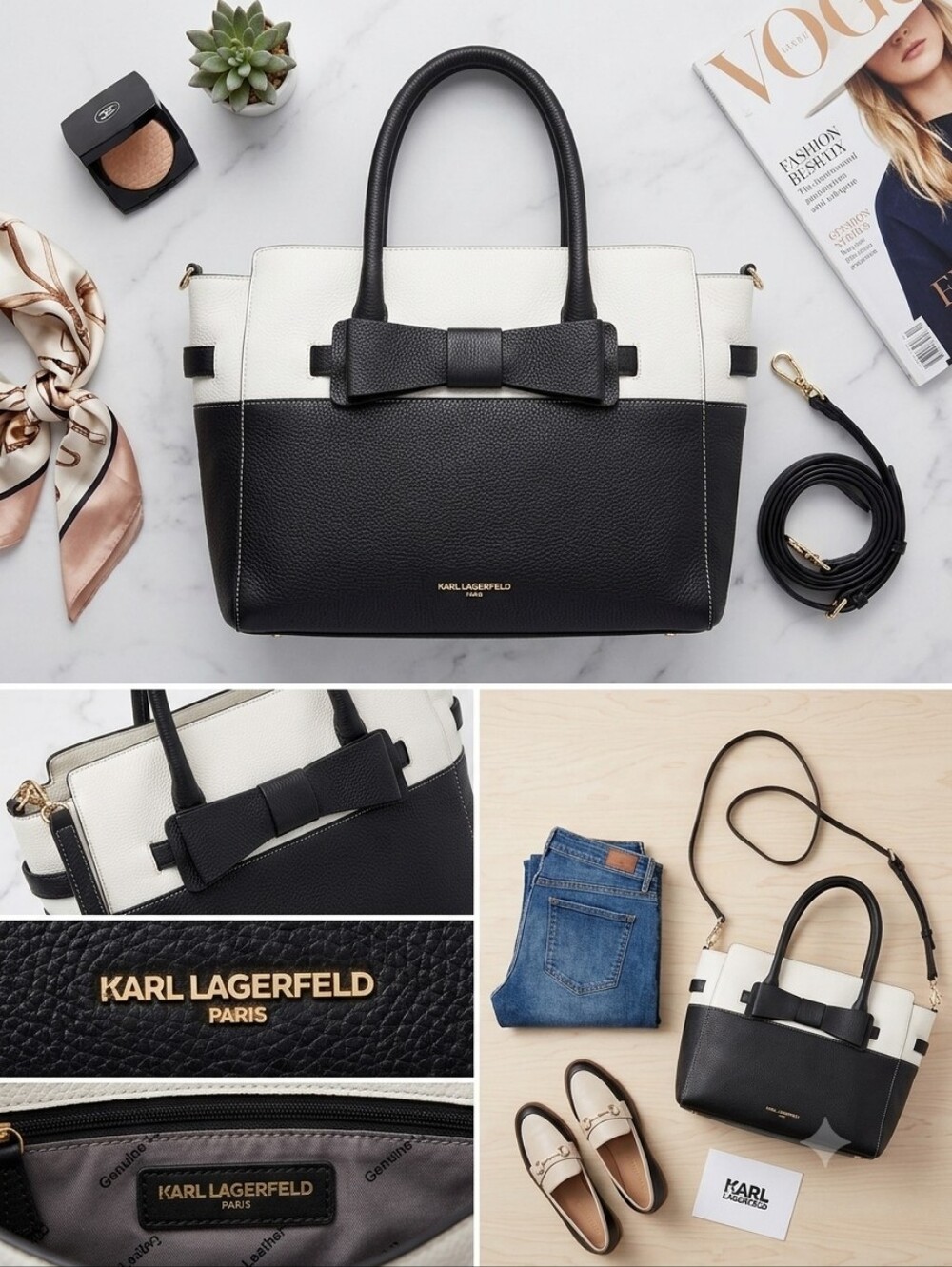 RARE Karl Lagerfeld  Black Bow Tote Purse Bag Large